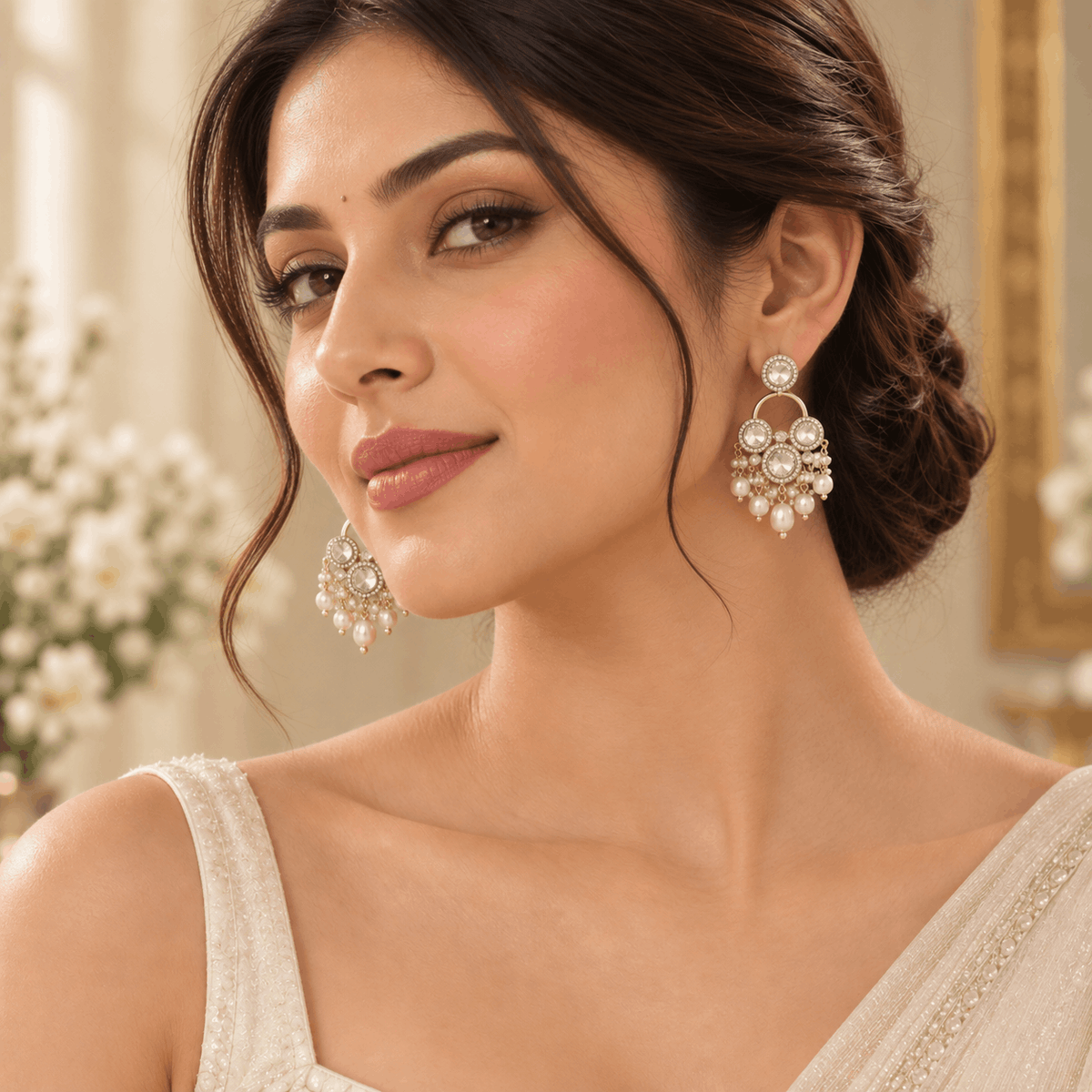 Pearl Crystal Jhumka Earrings