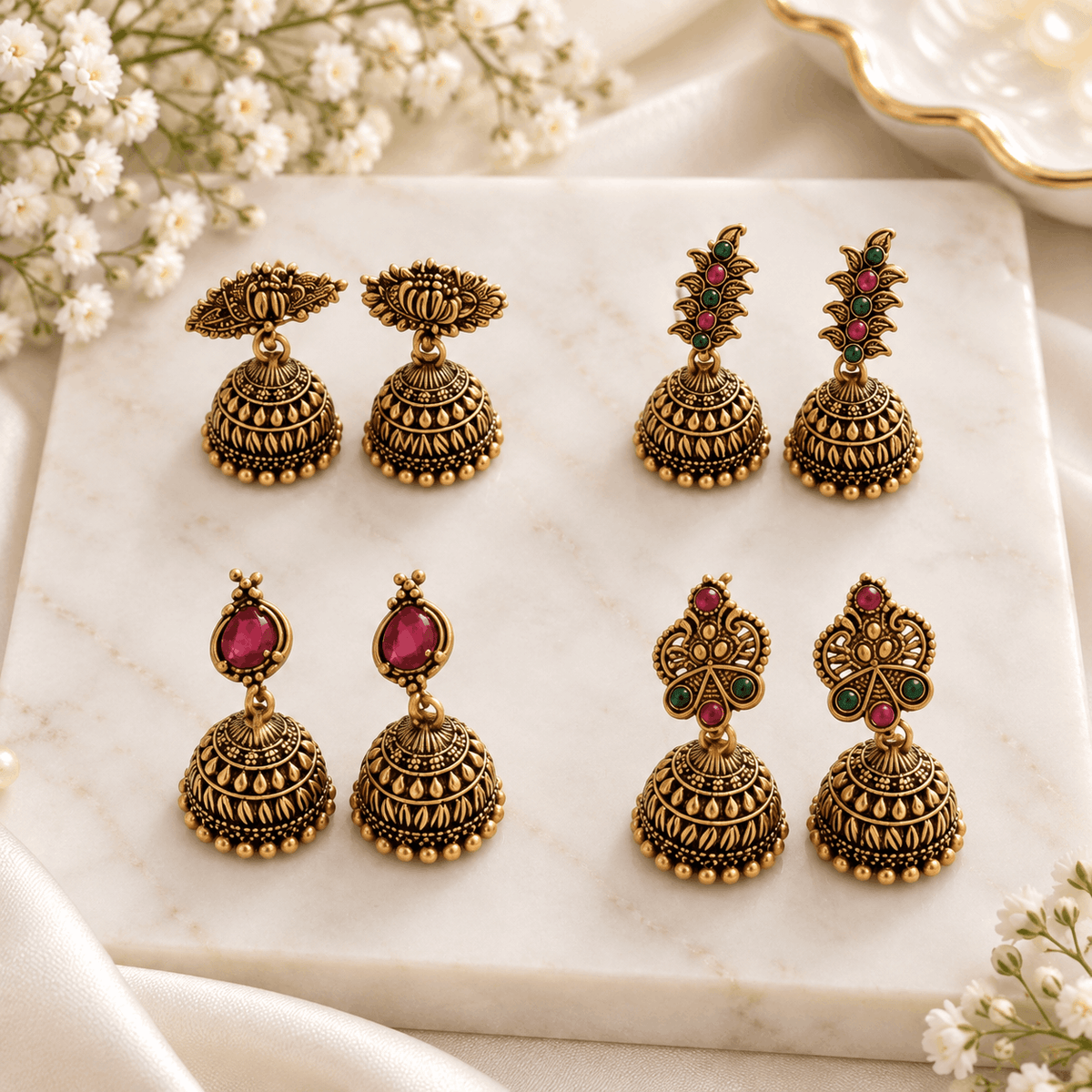 Antique Gold Jhumka Earrings – Set of 4 Pairs