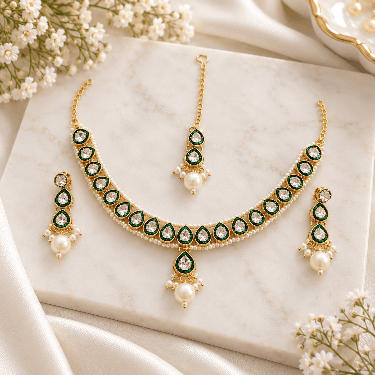 Emerald Pearl Bridal Necklace Set