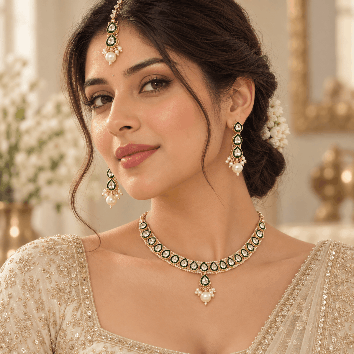 Emerald Pearl Bridal Necklace Set