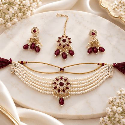 Ruby Pearl Bridal Jewellery Set