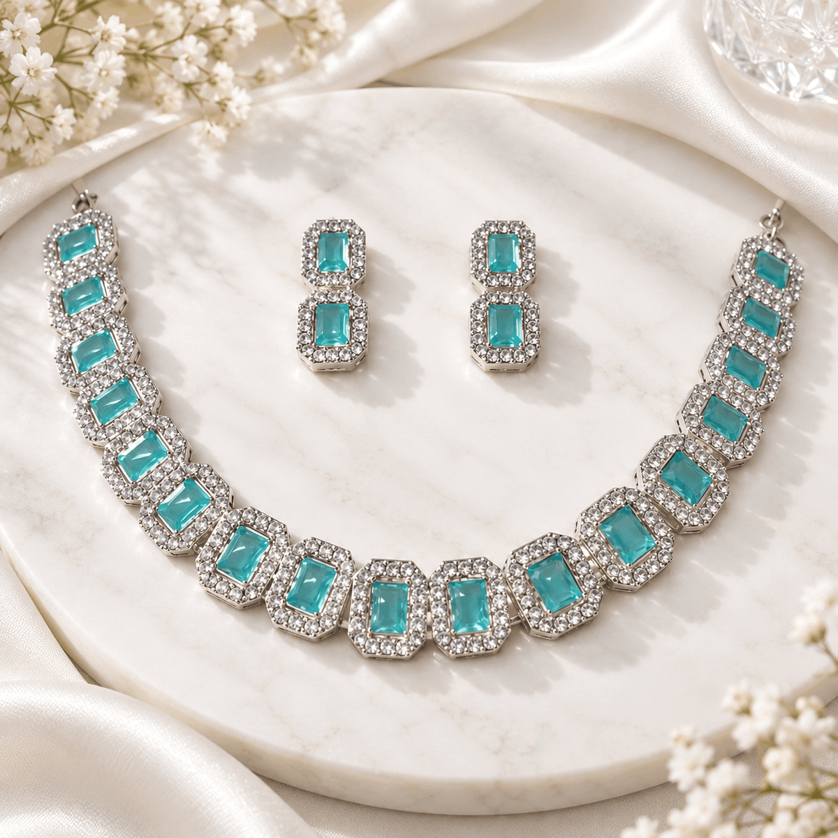 Aqua Blue Crystal Necklace Set