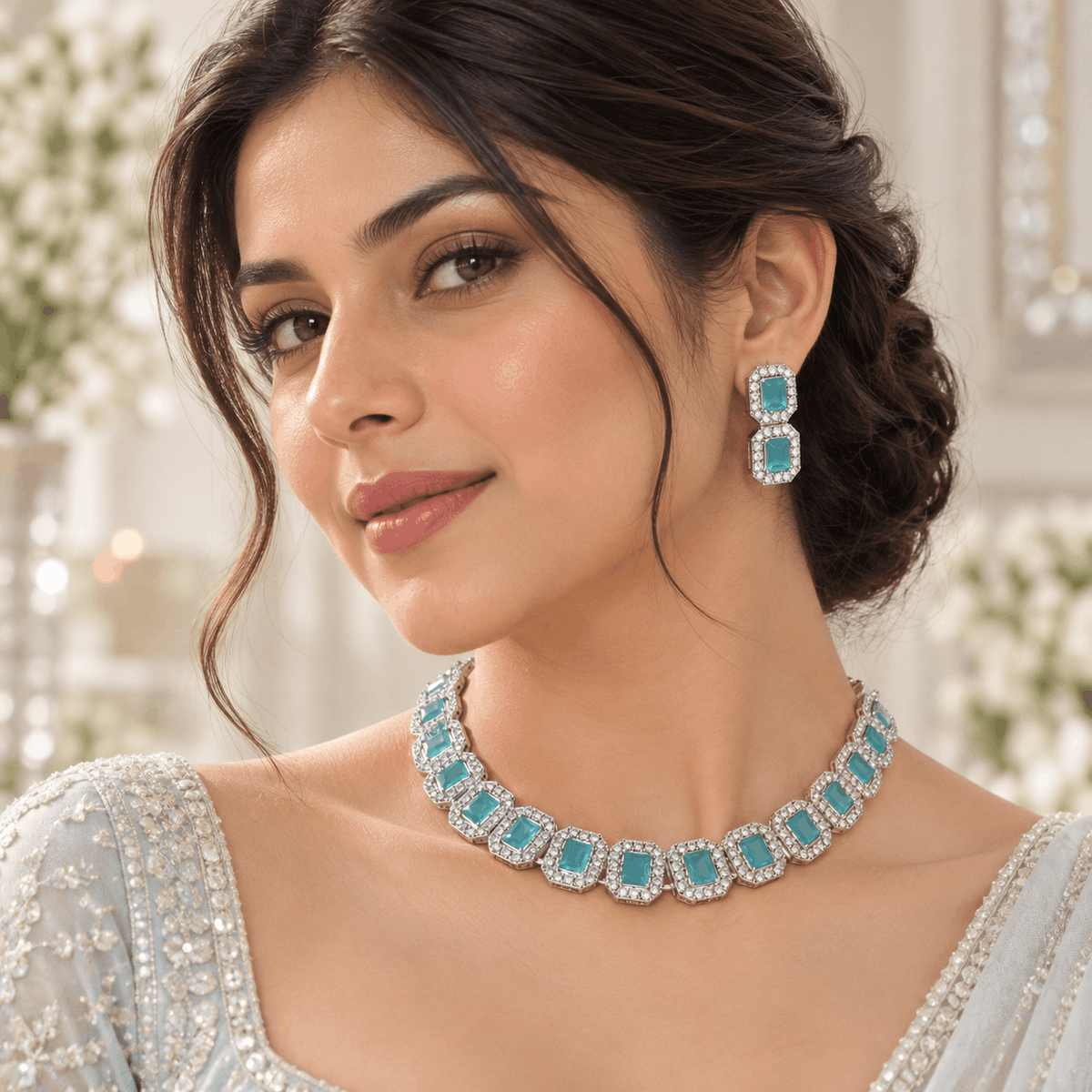 Aqua Blue Crystal Necklace Set
