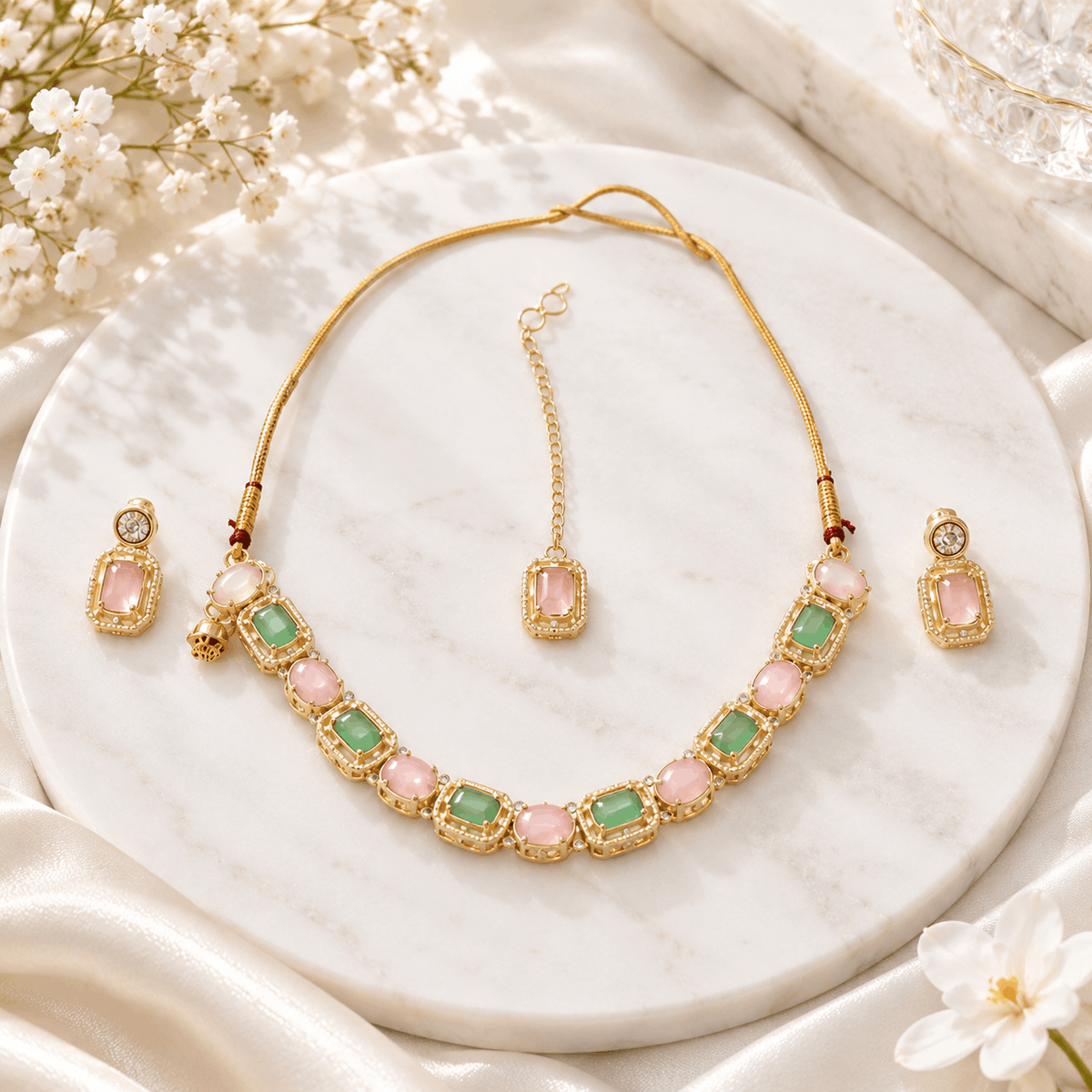 Pink And  Green Stone Necklace Set