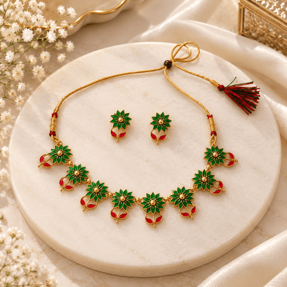 Green And Red Floral Necklace Set with Earrings