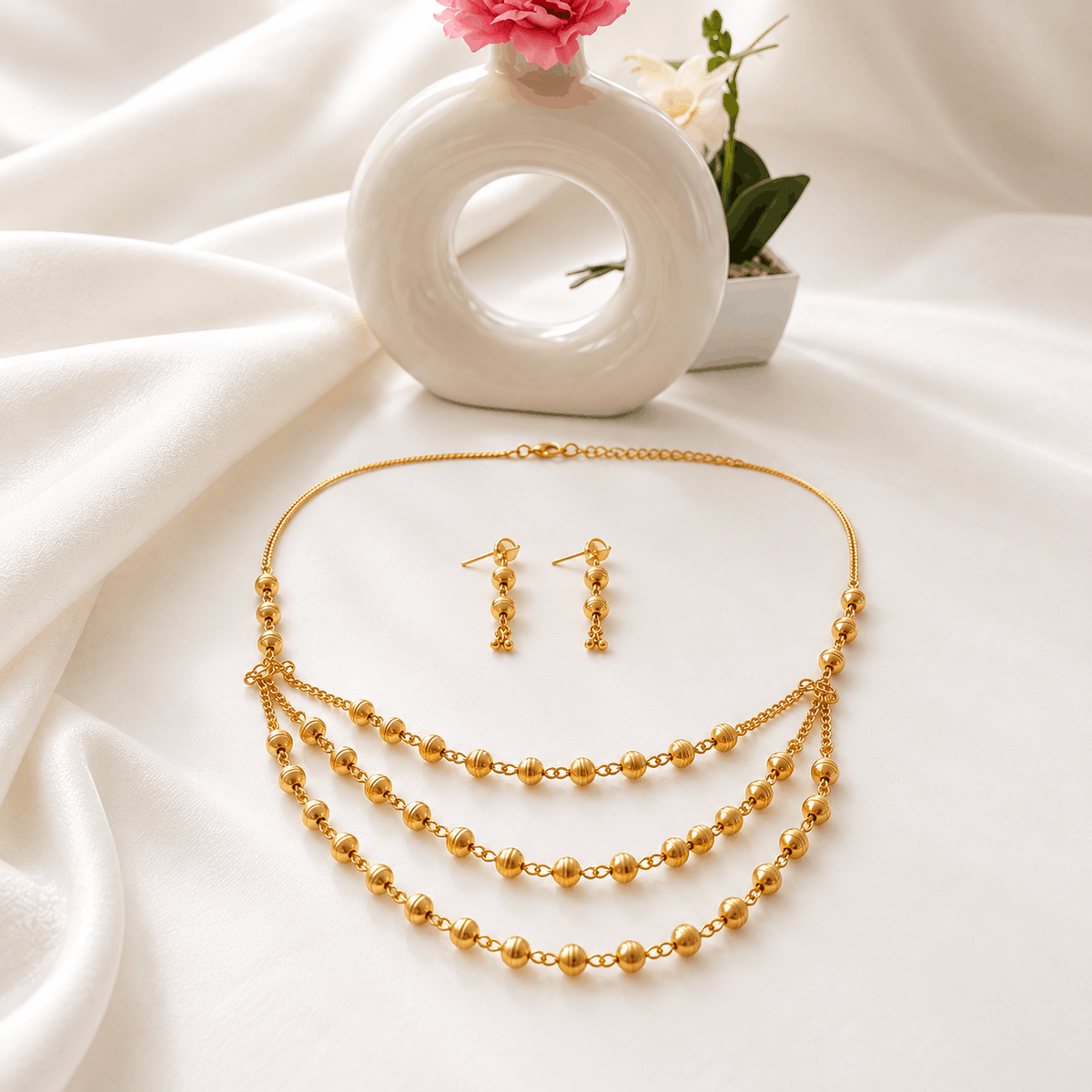 Gold-Tone Layered Beaded Necklace & Earrings Set